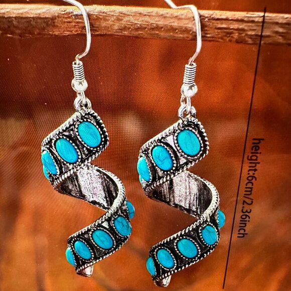 Boho Hippie Cowgirl Twirl Wire Drop Earrings, Turquoise Stone, Fast Shipping, G - Picture 4 of 6